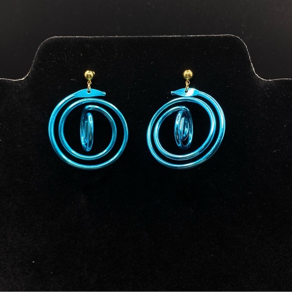 Blue Metal Spirals Long Dangle Post Pierced Earrings - Picture 5 of 7